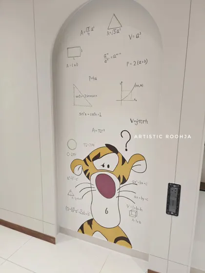 A slightly different angle of the completed Tigger mural, showing how it fits perfectly within the architectural arch.