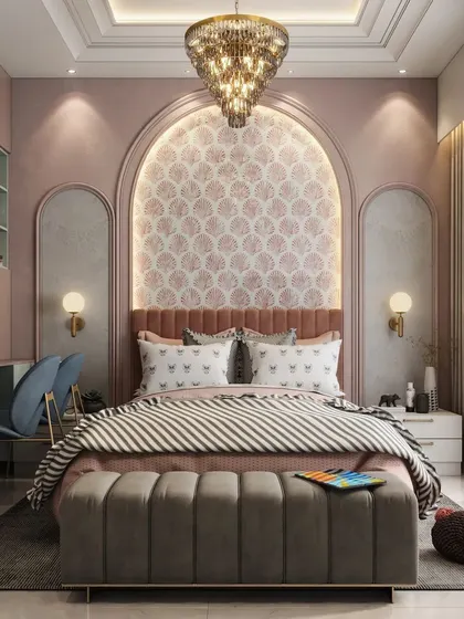 This grand bedroom, fit for a princess, features a stunning arched headboard wall with patterned wallpaper and a crystal chandelier. A dedicated study area is also integrated.