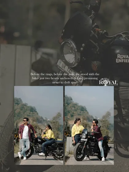 A creative collage with a feather overlay, showing a couple posing with their bike on a scenic mountain road.