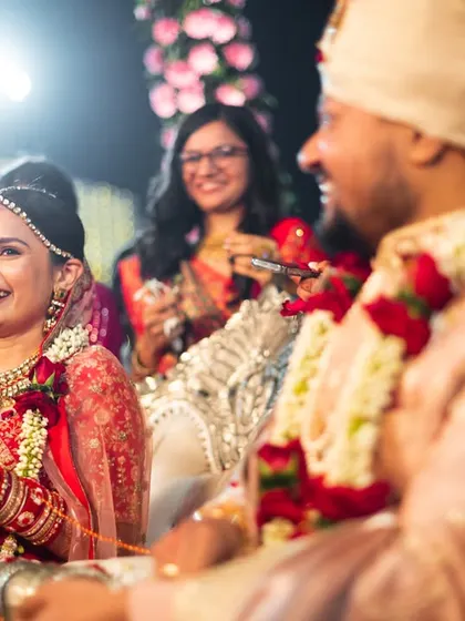 The bride's joyful laughter during her wedding ceremony.