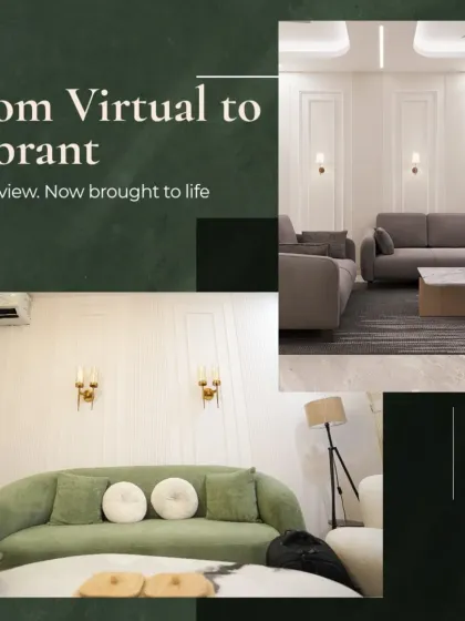 From virtual to vibrant. This image compares the initial 3D render with the final executed living room, showcasing our ability to bring a design to life exactly as promised.