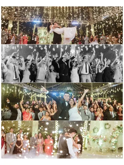 The reception party in full swing. This collage captures the energy of the dance floor, the joy of the guests, and the romantic moments shared by the couple amidst the celebration.