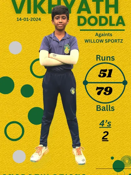 Celebrating a comprehensive team win and a brilliant half-century by our U-12 all-rounder Vikhyath Dodla. Team huddles and celebrations show the strong spirit within our cricket squads.