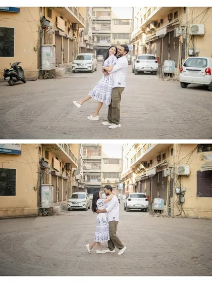 A fun and spontaneous moment captured in the middle of a quiet Jaipur street, showing the couple's playful side.