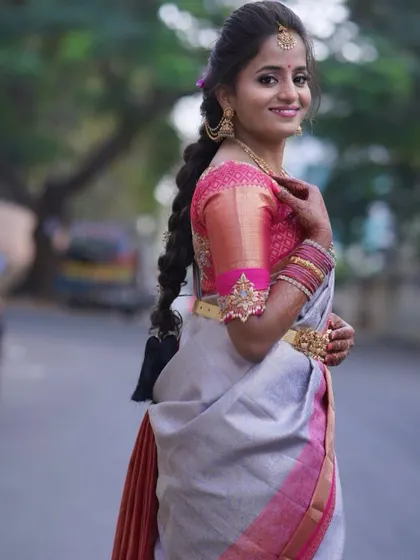 My beautiful bride-to-be Preethi, looking stunning in a pink and silver half saree for one of her pre-wedding functions.