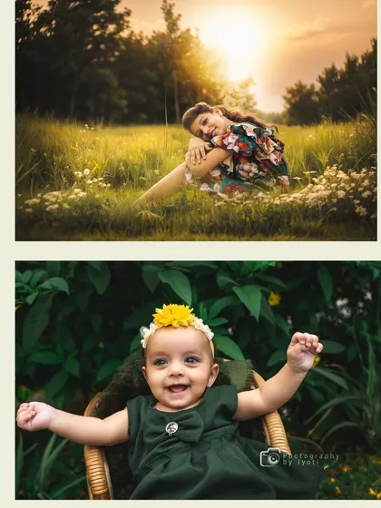 This collage displays the contrast between a sun-drenched outdoor portrait of an older child and a vibrant, happy baby photo taken in a lush green setting.