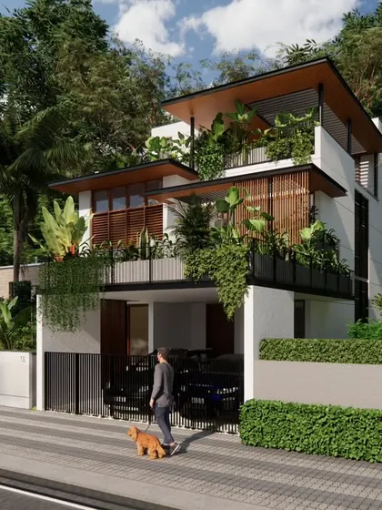 The street-level view of the Still House, showing how the entrance and parking are discreetly integrated into the design, maintaining the home's connection to nature.