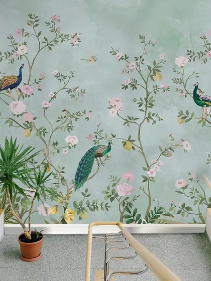 A staircase wall featuring our Traditional Peacock Harvest Garden wallpaper turns a transitional space into a beautiful journey. The continuous pattern adds a sense of flow and artistry.