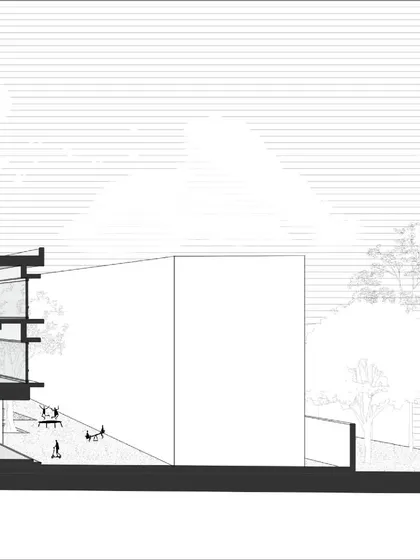 A longitudinal section of the Brilliant National School, showing how the building steps down with the site's natural slope.
