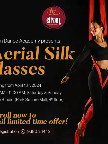 We are excited to launch new batches for our popular Aerial Silk classes. This poster announces our weekend schedule, perfect for those looking to start their aerial journey.