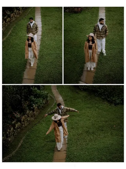 A triptych of aerial shots showing the couple walking together, creating a sense of journey and companionship.