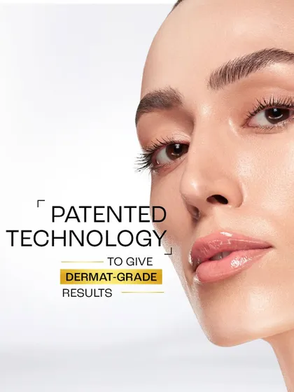 A polished advertisement for Lakmé, focusing on the scientific aspect of the product. The image combines a clean beauty portrait with text that reads "Patented Technology to give Dermat-grade results," positioning the product as a professional skincare solution.
