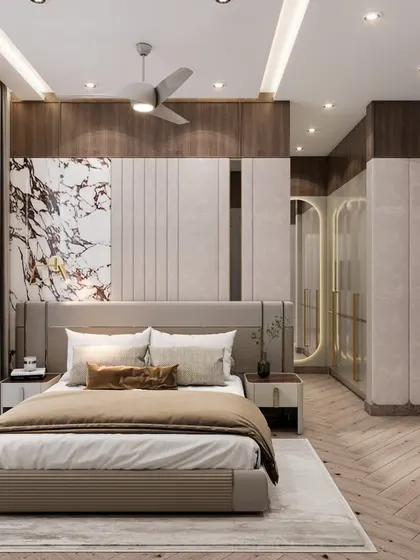 A render for a parent's room in Gurugram with a minimalistic classic theme. The design combines a marble and leather fabric headboard with a neutral color palette to create an elegant and refined atmosphere.