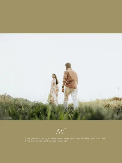 A minimalist shot of a couple in a field, with a quote about their lives being woven together.