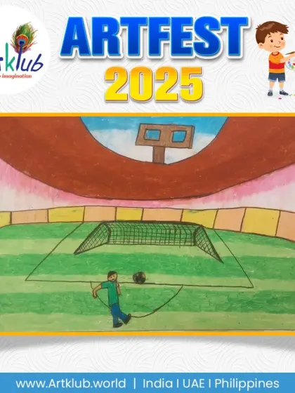 A junior artist's focused depiction of a soccer player aiming for the goal in a stadium.