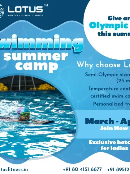 An overview of our Swimming Summer Camp, detailing key features like our semi-Olympic sized pool, certified coaches, and exclusive batches for ladies. We offer a premium learning experience for everyone.