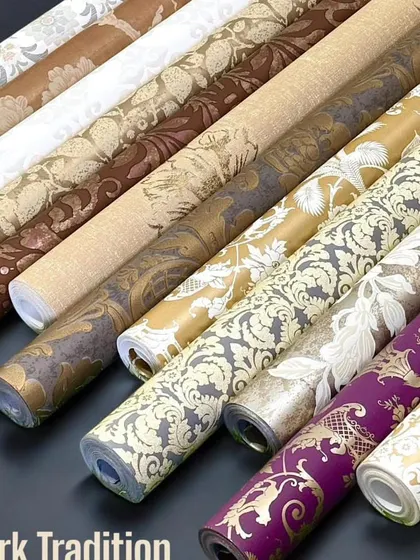 My Dark Tradition collection features imported wallpapers with rich, classic designs. This image shows a variety of damask and floral patterns in deep, elegant color palettes with metallic and textured finishes, perfect for a sophisticated look.