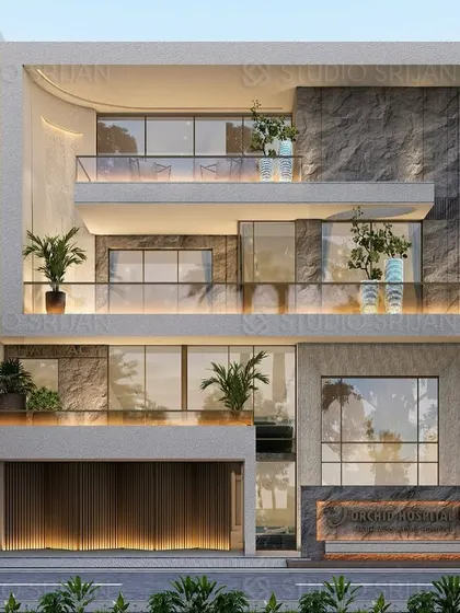 A frontal view of the Orchid Hospital project, highlighting the curved balcony lines and the balance between solid stone sections and transparent glass, which is crucial for a healthcare facility.