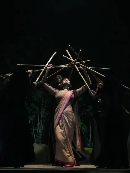 A striking formation using bamboo sticks in 'Sitayana'. I often incorporate props into my stage choreography to enhance the storytelling and create unique visual effects.