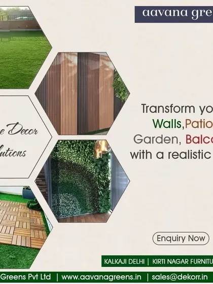 We offer complete home decor solutions. This image shows how you can transform your walls, patio, garden, and balcony with a realistic look using our WPC cladding, vertical gardens, artificial grass, and deck tiles.