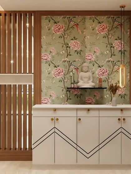 This entryway design combines a modern white console with a beautiful floral wallpaper and a wooden slat partition, creating a fresh and stylish look.
