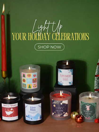 A showcase of my entire Christmas Jar Candle collection, featuring six unique holiday scents like 'Peppermint Frost' and 'Cozy Glow', each with its own charming label.