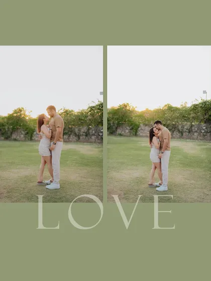 A diptych with a simple "Love" overlay, showcasing two intimate moments from a golden hour park session.