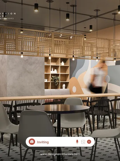 This render of a cafe area features patterned floor tiles, modern chairs, and a custom wooden ceiling feature, demonstrating our ability to create inviting spaces that reflect a client's brand identity.