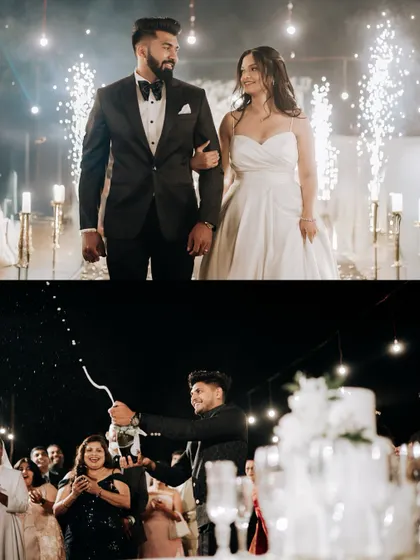 A collage showing the couple's grand reception entrance with pyrotechnics and the celebratory champagne pop.