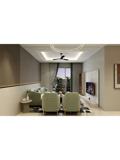 A view of a living room that balances modern furniture with classic design elements. The space is designed for comfort and conversation, with a focus on a clean and uncluttered layout.