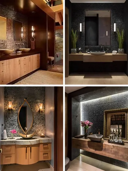 A collection of powder room and bathroom vanity ideas, showcasing different styles from dark and moody to bright and modern.