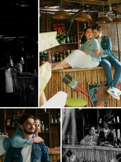 A creative collage from the tiki bar session, blending black and white with color. It captures the playful and romantic interactions of the couple in this unique setting.