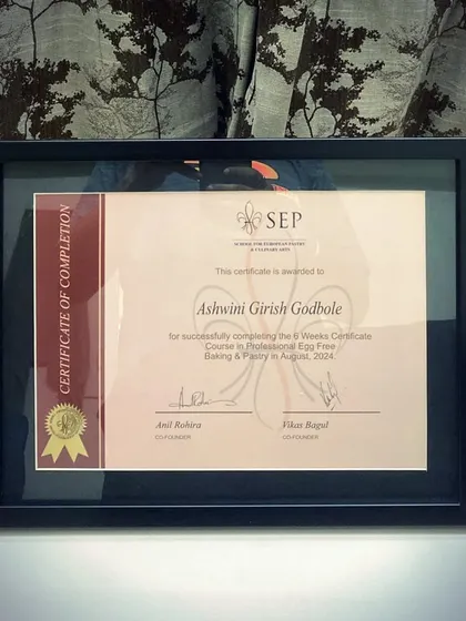 "Swapnapurti" - a dream turned into reality. This Certificate of Completion for my Professional Eggless Baking & Pastry course is a testament to all the hard work.