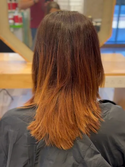 The "before" shot. This is the coppery, brassy color we started with before the amazing transformation.