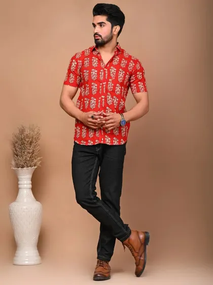The men's Jaipuri print shirt in vibrant red, a standalone piece that's both stylish and comfortable.