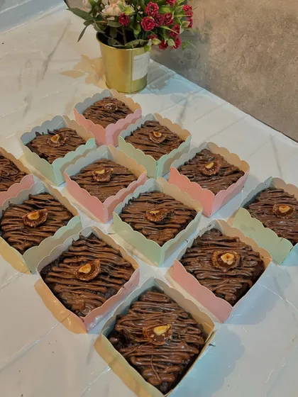A closer look at my fudgy Nutella brownies, individually packed and ready to be gifted.