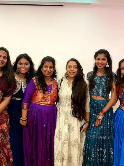 With the bride and her wonderful team of bridesmaids after a successful sangeet night.