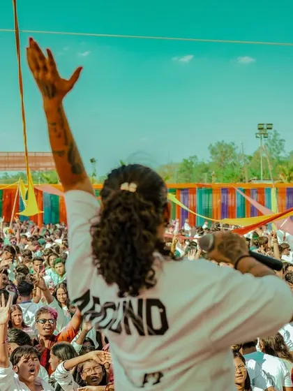Another perspective of me addressing the massive Holi crowd from the stage.