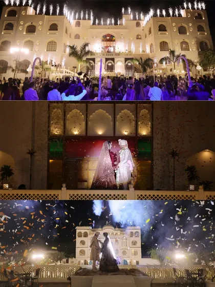 A collage capturing the grandeur of a destination wedding in Jaipur, with fireworks and a stunning palace backdrop.