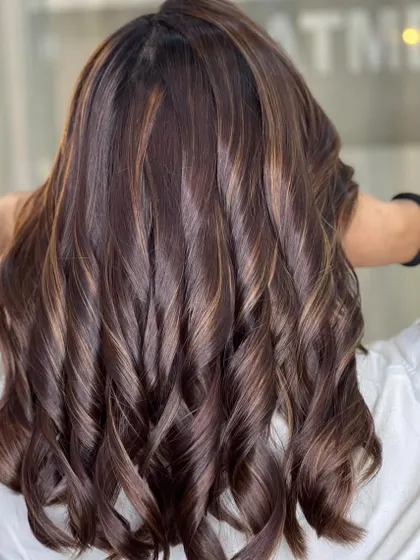 A full back view of the brown and gold curls, highlighting the beautiful color blend and voluminous style.