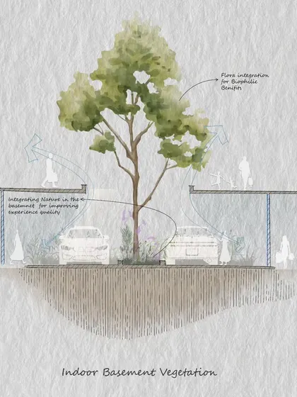 A diagram illustrating our concept for indoor basement vegetation. By designing for flora integration, we can improve the experiential quality of underground spaces like parking areas, introducing nature and biophilic design principles where they are least expected.