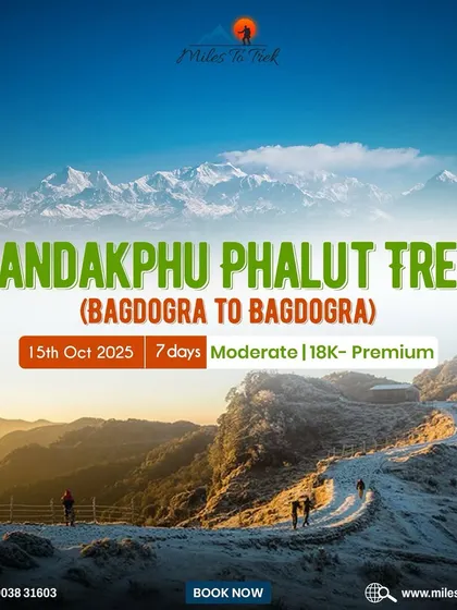 An announcement for the Sandakhphu Phalut Trek, a moderate 7-day journey known for its panoramic views of Everest and Kanchenjunga.