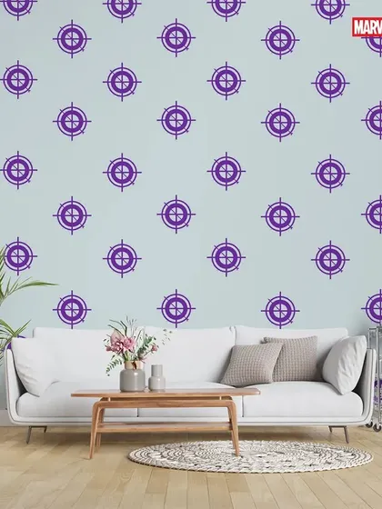 A Marvel-themed room featuring Hawkeye's logo as a repeating pattern. Perfect for a fan of the Avengers.