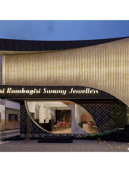 The night view of the Sri Kambagiri Swamy Jewellers project. We use lighting not just for illumination but as a tool to sculpt the architecture, creating a dramatic and luxurious first impression for this high-end retail space.