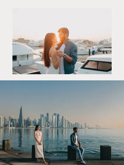 A tale of two scenes in Qatar: a golden hour kiss by the marina and a thoughtful pose against the Doha skyline. We capture diverse moods within a single destination shoot.