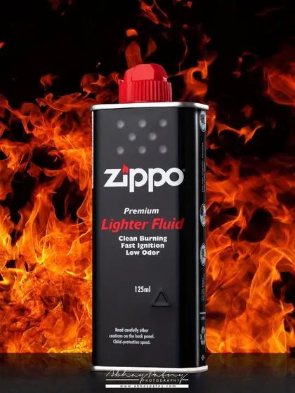 To create a powerful image for this lighter fluid, I used a composite technique to add a real flame background. This visually connects the product to its function and creates a bold, memorable advertisement.