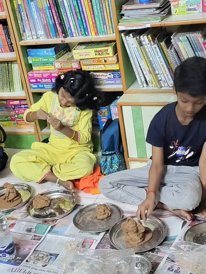 Little hands carefully molding clay during our Ganesha Chaturthi workshop. It’s a beautiful, hands-on way for children to connect with culture and create something they can be proud of.