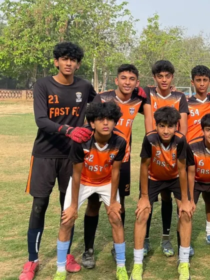 Our U15 goalkeeper Tanay Rao with his teammates. A strong defense is built on trust and communication.