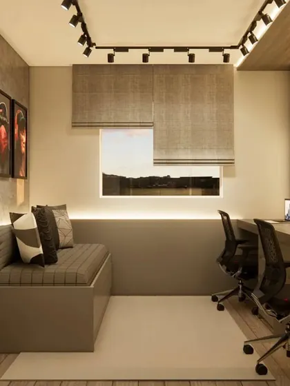 This home office design includes a comfortable daybed, making the space multi-functional for work and relaxation.