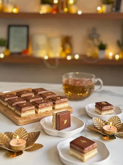 A festive table set for Diwali, featuring my Kashmiri Kahwa Opera cakes. These bite-sized desserts, with their rich layers and a touch of gold leaf, are perfect for sharing with loved ones during the festival of lights.